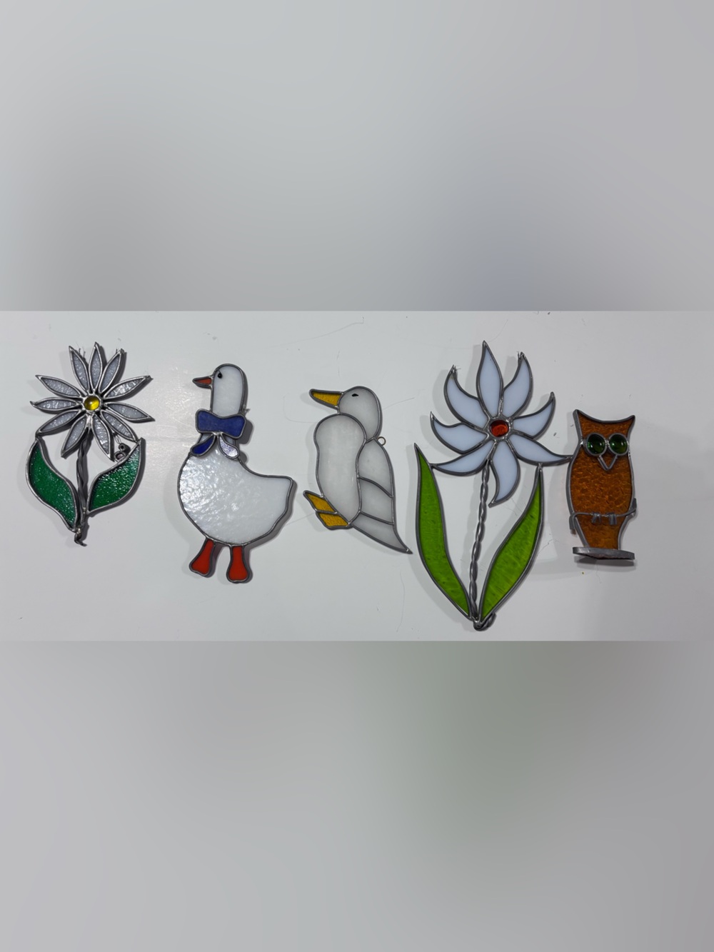 Stained Glass Duck & Floral Set -lWhite, Green, Standing Brown Owl - Picture 2 of 2